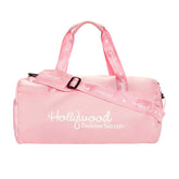 Pink duffel bag with 'Hollywood Fashion Secrets' branding on a white background